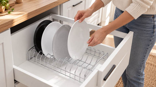 Persona colocando un plato en vertical en un porta platos cromado dentro de un cajón de cocina.