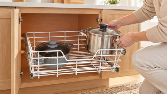 Persona retirando una olla de una canastilla blanca extraíble en un mueble de cocina.
