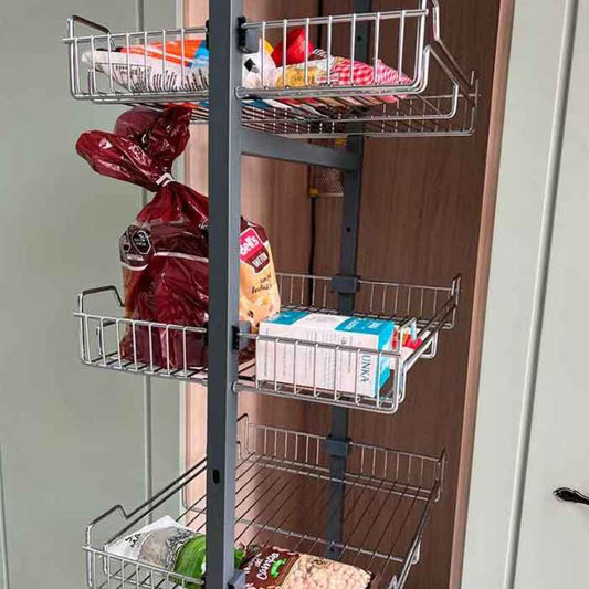 Despensa extraíble de 6 niveles módulo 45 cm con alimentos organizados en sus canastas