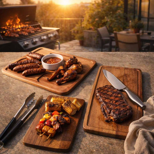 Kit de tablas de picar y de piqueo con alimentos a la parrilla sobre las tablas