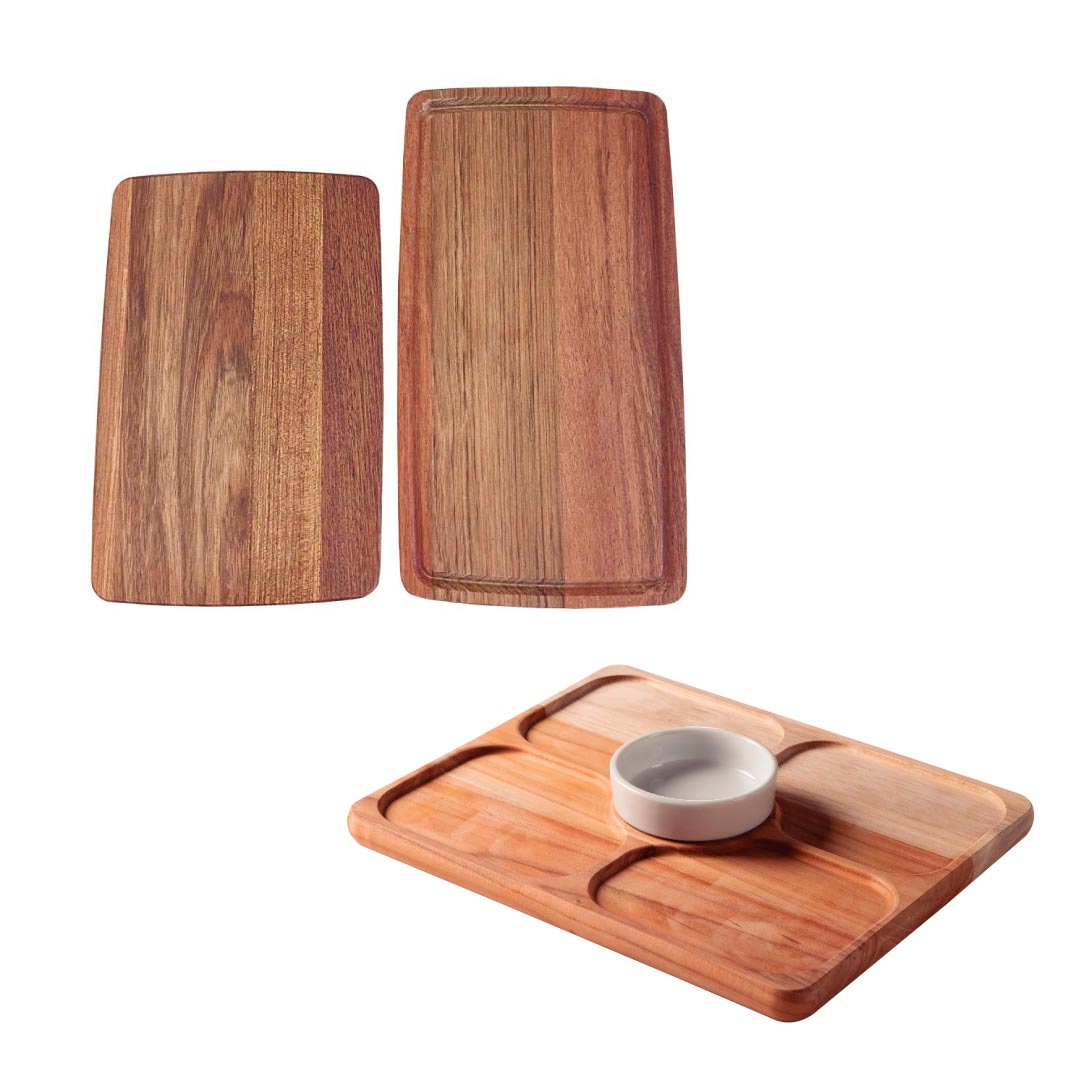 Kit de tablas de picar y de piqueo con las tablas vacías y un recipiente para salsa