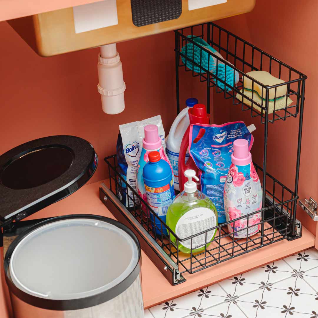 Kit organizador bajo lavadero 002 detalle de los productos de limpieza y las esponjas
