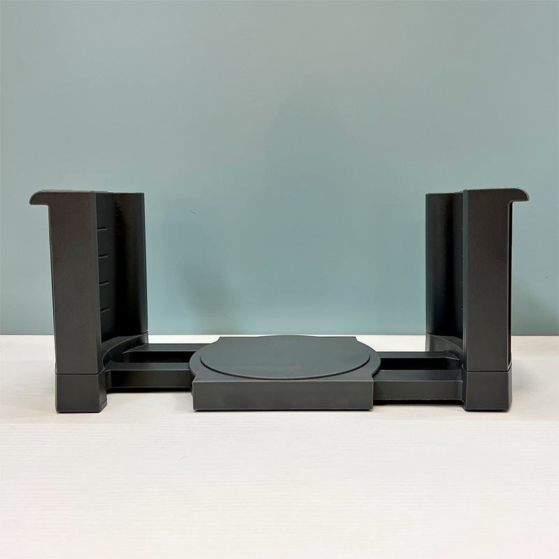 Organizador de platos extensible vacío y extendido, vista frontal