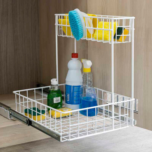 Organizador para mueble de lavado en color blanco, con productos y accesorios de limpieza en sus canastas