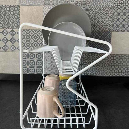 Porta platos y tazas plastificado blanco con platos en el nivel superior y tazas debajo