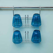 Porta vasos cromado para tubo con vasos azules en dos niveles