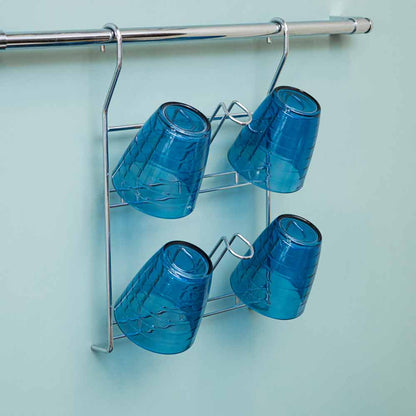 Porta vasos cromado para tubo con vasos azules, visto en perspectiva