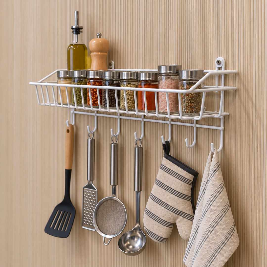 Repisa multifuncional 004 blanca con ganchos inferiores para utensilios de cocina