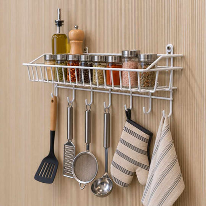 Repisa multifuncional 004 blanca con ganchos inferiores para utensilios de cocina